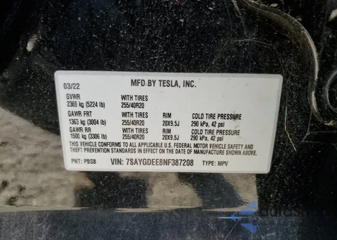 2022 Tesla Model Y from USA, damaged, VIN 7SAYGDEE8NF387208